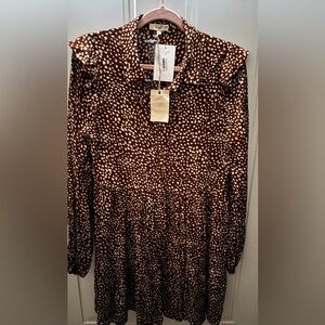 Easel Los Angeles Boho Brown&White Patterned Mini babydoll button down Dress